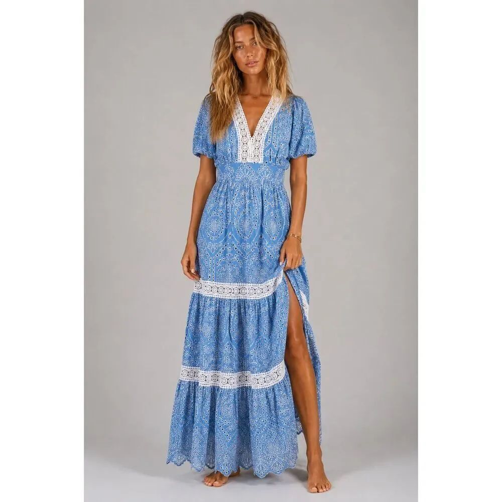 NWOT TahariโBlue White Eyelet Embroidered Cotton Maxi Dress Luxury Boho Flutter